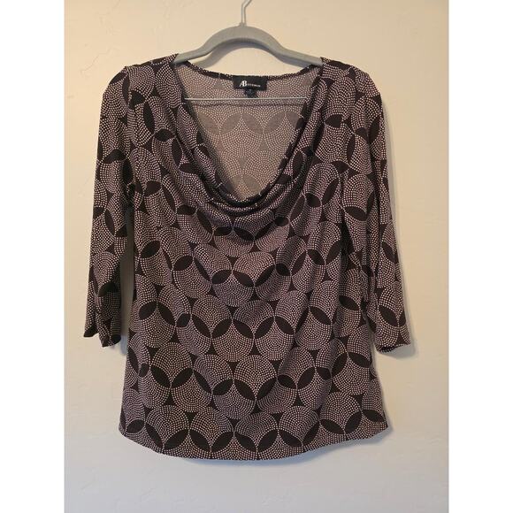 AB Studio Tops - AB Studio Brown Geometric Dot Print Cowl Neck Top Medium Career Stretch Blouse